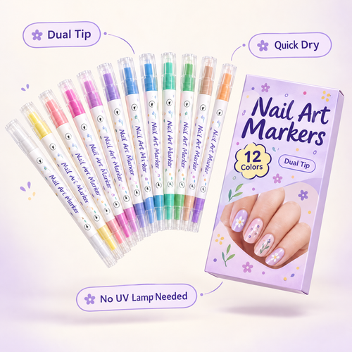 Nail Art Markers floating 12-marker hero with draft packaging concept and benefit labels