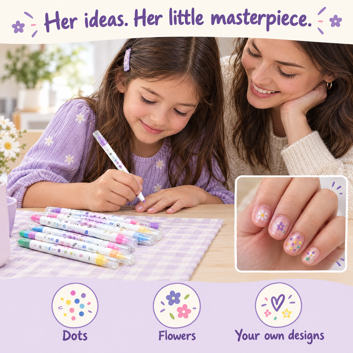 Girl creating nail designs with dots, flowers and custom design infographic