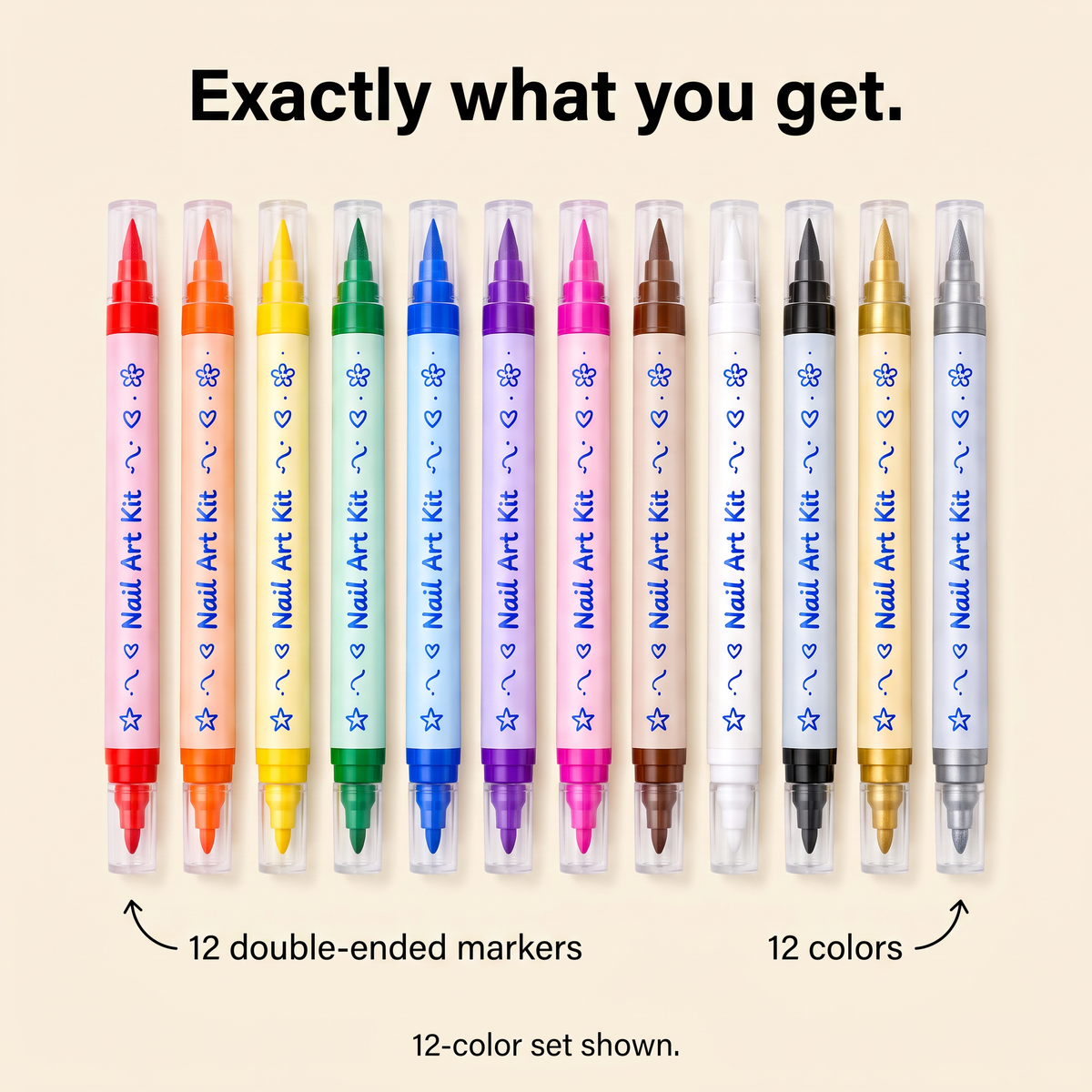 Twelve double-ended nail art markers in the Element-based draft contents image