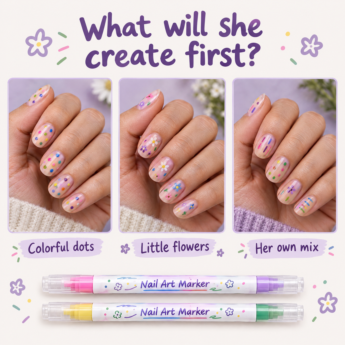 Colorful dots, little flowers and mixed nail design inspiration
