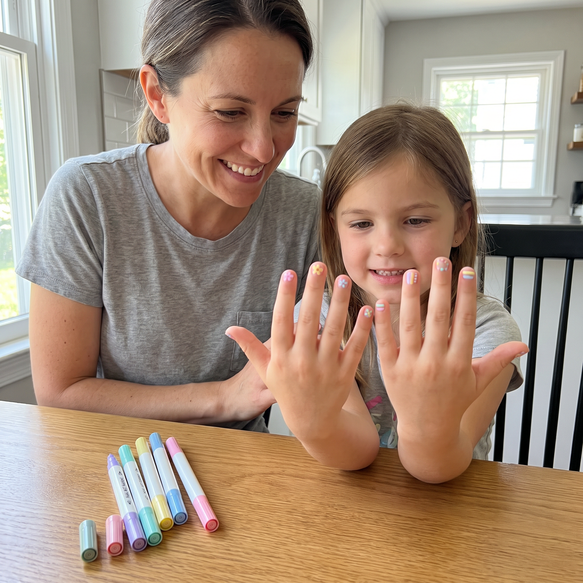 Girl proudly showing flower nail designs beside an adult in a draft lifestyle scene