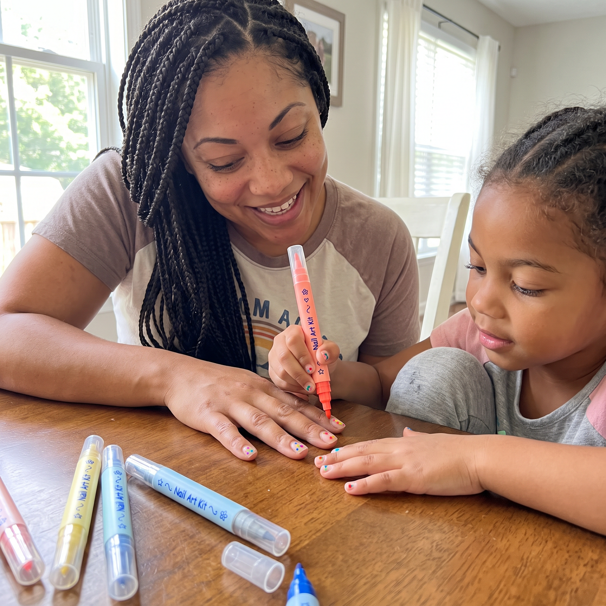 Mother and daughter sharing creative nail time in a draft lifestyle scene