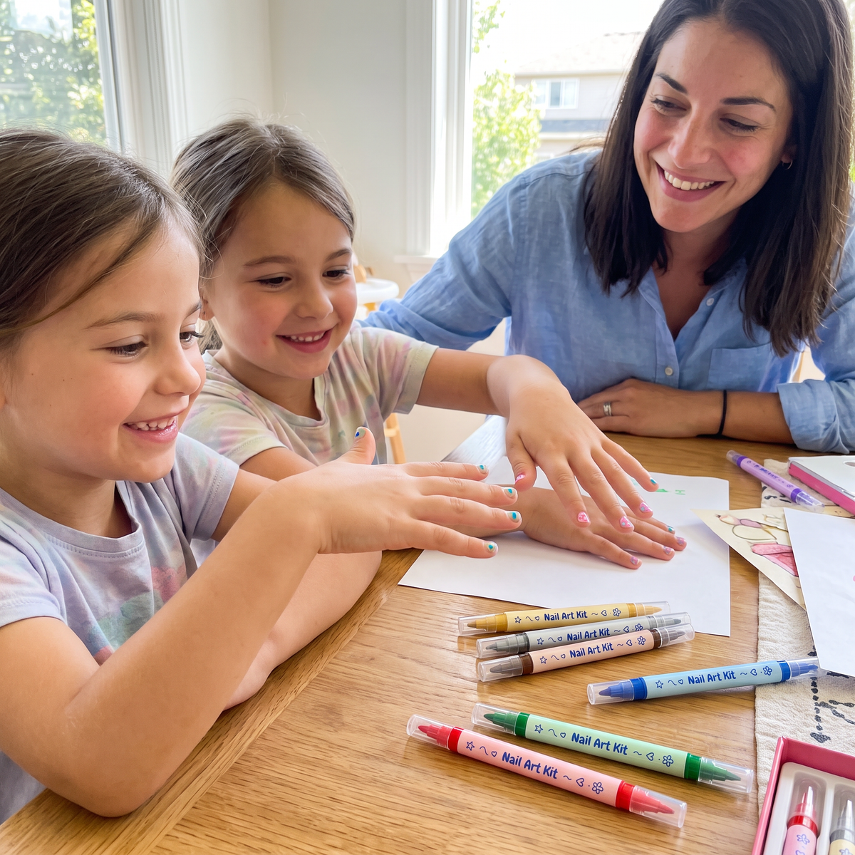 Two girls comparing their nail designs with an adult in a draft lifestyle scene
