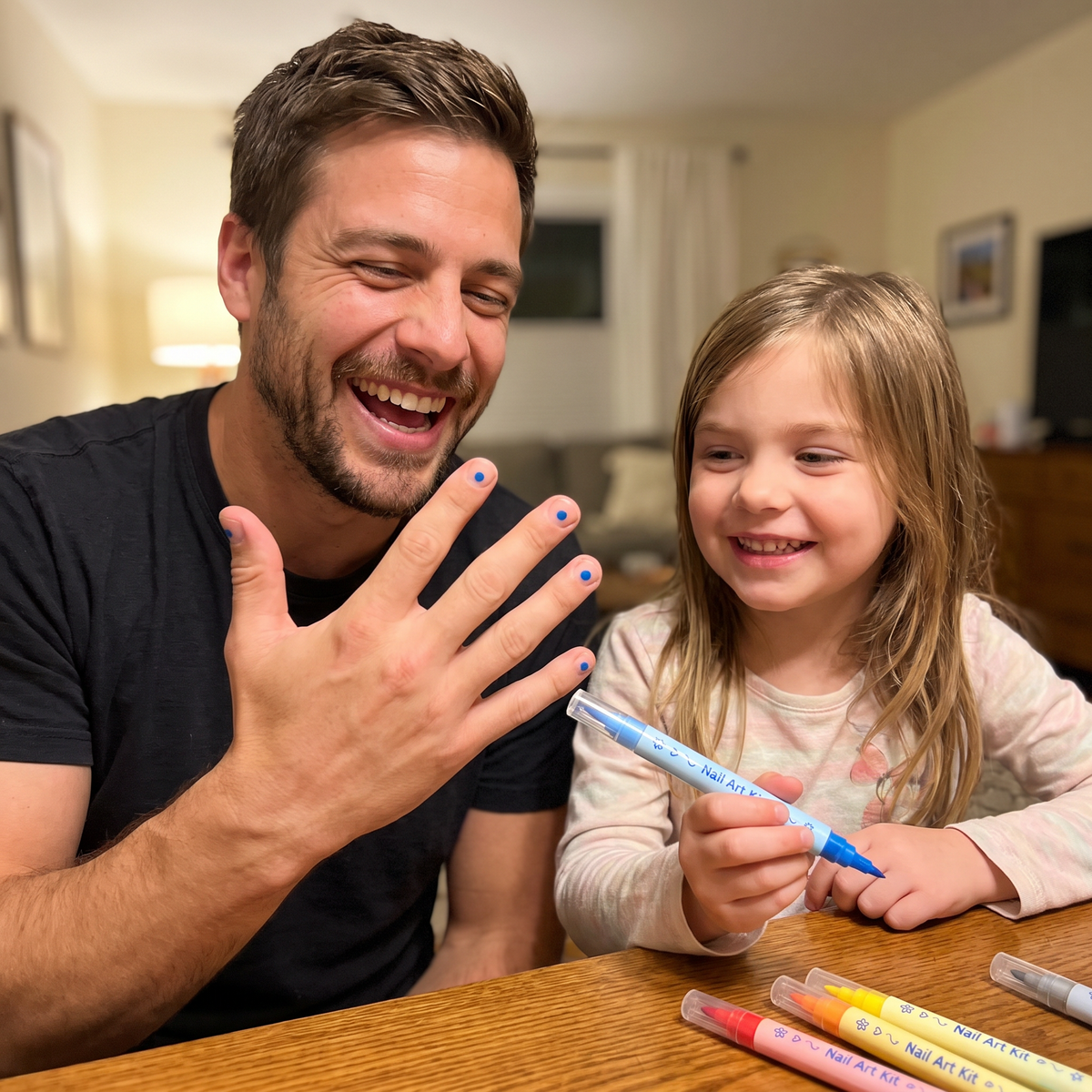 Father laughing and showing blue-dot nail designs beside his daughter in a draft lifestyle scene