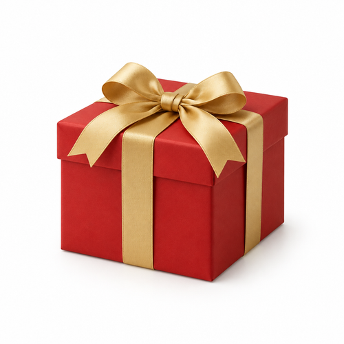 Mystery Gift illustrated by a red gift box with a gold ribbon on white
